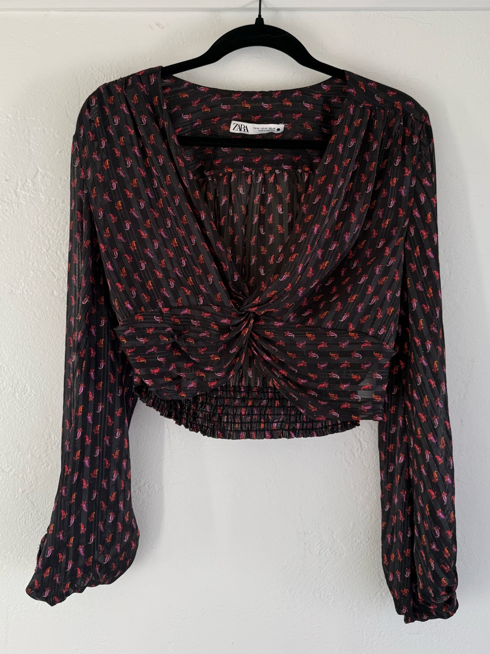 Zara Black Top with Pink Floral Twist Front